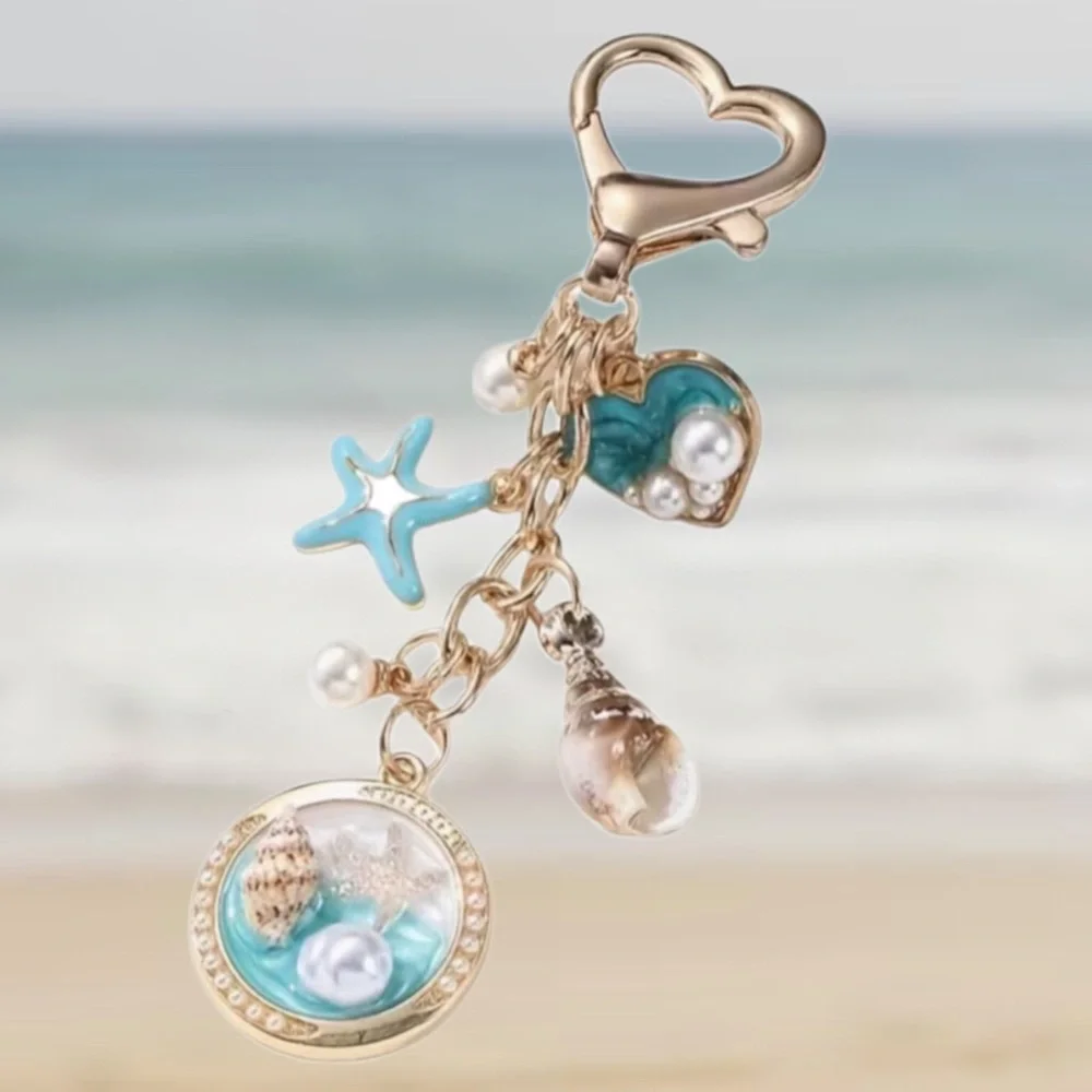 Starfish Shell Gold Keychain Ocean Theme Accessory